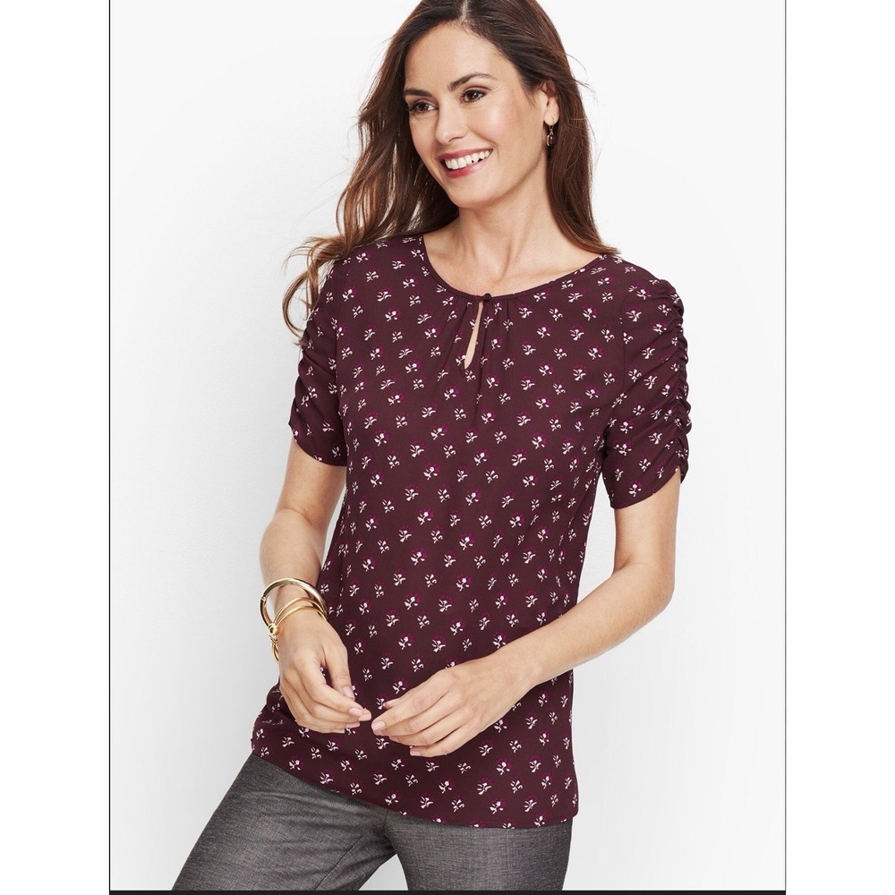 Talbots Women's Maroon Floral Ruched Short‎ Sleeve Blouse Keyhole Front Sz XS